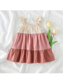 Loomiva Newborn Baby Girl Contrast Color Round Neck Ruffle Waist Dress, Versatile & Comfortable,Kids - Multicolor - View 7