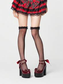 ROMWE Kawaii Women's Sexy Platform Mary Jane Shoes With Lace Bow Embellishment At The Back; Stylish Double-Strap Adjustable Back Strap With Buckle For Spring And Autumn; Perfect For Parties, Outings, And Dates. Y2K 2000s Style - Burgundy - View 2