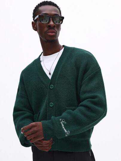 SUMWON Forest Green Knit Cardigan With Button Front Closure And Side Pockets Cropped Fit Long Sleeve V-Neck Chunky Knit Sweater