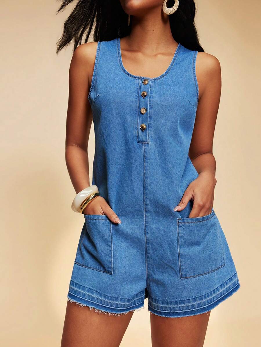 Travachic Women's Round Neck Button Half Placket Dual Pocket Casual Sleeveless Denim Romper - Medium Wash - View 1