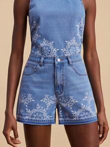 Travachic Women's Plant Pattern Pocket Loose Casual Denim Shorts - Light Wash - View 1