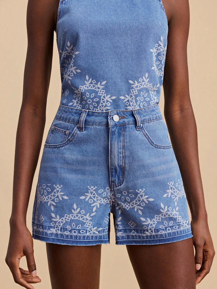 Travachic Women's Plant Pattern Pocket Loose Casual Denim Shorts - Light Wash - View 1