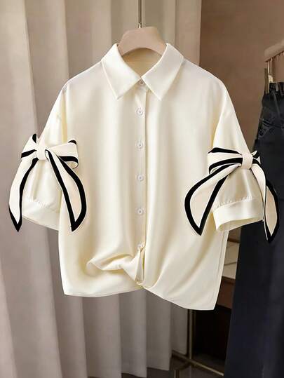 Resyla Camisa casual de mujer de manga corta y abotonadura sencilla con decoración de lazo