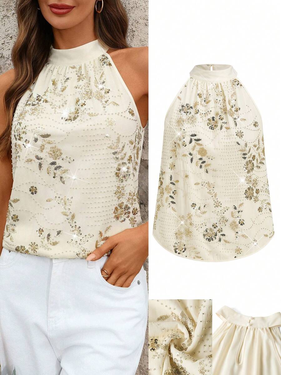 Ellevyn 女士露肩系领亮片宽松优雅休闲衬衫，适合春夏外出和海岛度假 - 杏色 - 查看 1