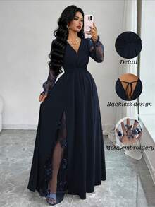 Elenzga 女士优雅深V领蕾丝拼接长袖高开衩连衣裙，适合毕业典礼、节日、情人节、音乐节、母亲节、感恩节、复活节、国庆节、舞会、约会、派对、婚礼、户外活动、春夏等场合。 - 藏蓝色 - 查看 1