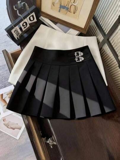 SHEIN Franclia Falda de cintura alta para mujer con hebilla decorativa, dobladillo plisado, estilo casual versátil, diseño de moda