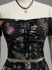 ROMWE Spring/Summer Vacation Flower Gothic Dark Magic Plant Potion & Butterfly Crystal Print Off-Shoulder Cropped Top And Skirt Set For Women - Black - View 10