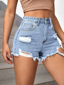 SHEIN EZwear Summer Casual Washed Ripped Denim Shorts - Light Wash - View 3