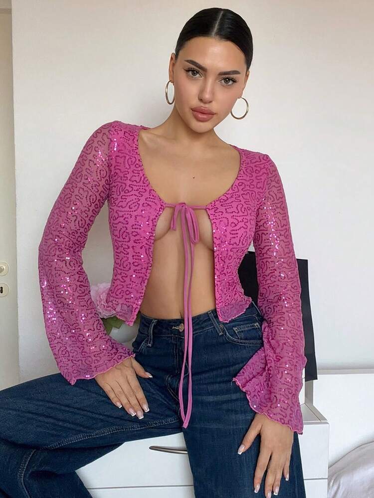 Shiny Sequin Pink Cropped Top, Fashionable For Valentine's Day, Wedding, Party, Banquet, Tie Front Cardigan, Sexy Bright Color Women T-Shirt, Spring/Summer Y2k Cruise Outfit For Women Long Sleeve Tops Women