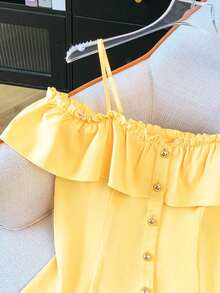 Franclia Women's Summer Casual Solid Color Off-Shoulder Ruffle Trim Camisole - Yellow - View 3