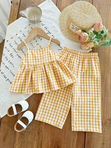 SHEIN Babygirl Cute Plaid Camisole Top And Elastic Waist Pants Set, Summer - Yellow - View 1