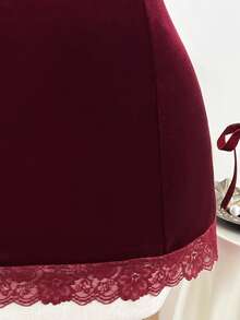 Elamini Summer Casual Vacation Lace Fitted Ruched Spaghetti Strap Sexy Burgundy Women Dress - Burgundy - View 7