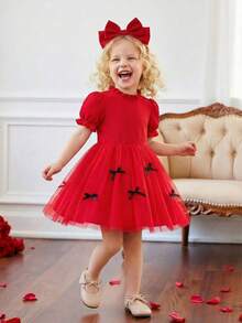Youth Girls Red Puff Sleeve Short Dress With Stand Collar Zipper And Halloween Pattern - Red - View 1