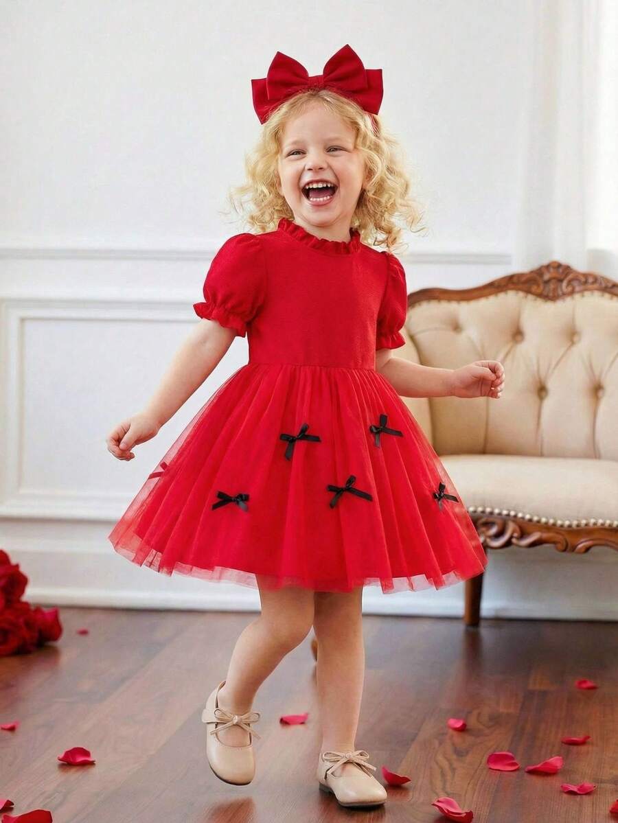 Youth Girls Red Puff Sleeve Short Dress With Stand Collar Zipper And Halloween Pattern - Red - View 1