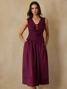 Aveloria Revavyn Vestido largo elegante con cuello en V profundo, cintura fruncida y anudada, adecuado para fiestas y eventos - Burdeos - Ver 5
