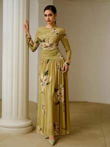 ZEYLAH 女士花卉印花网眼圆领长袖荷叶边优雅针织连衣裙 - 綠色 - 查看 6