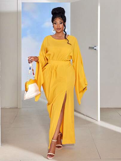 Maweii 荷叶边镂空开衩度假时尚休闲性感小众设计必备高端优雅精致大码女式长裙，春夏秋季