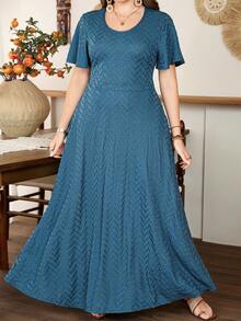 Lacomfia Plus Size Women Ruffle Hem A-Line Dress, Minimalist Elegant Short Sleeve - Teal Blue - View 6