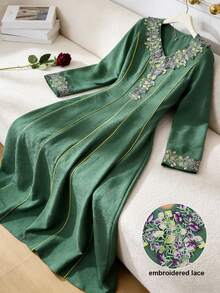Al Najma Elegant Embroidered Trim Splice Long Sleeve Modest Plus Size Dress - Green - View 5