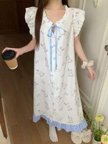 DAZY Sweet Rabbit Print Plaid Ruffle Hem Loose Women Summer Nightgown - White - View 10