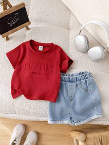 SHEIN 2pcs Baby Boy Summer Casual Letter Print T-Shirt And Light Blue   Shorts Set - Red - View 10