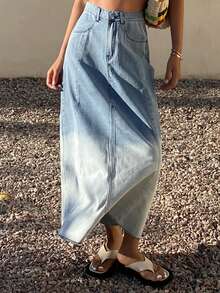 DAZY 褪色渐变西部牛仔A字长款休闲度假牛仔裙，女士，春夏款 - 藍色 - 查看 7