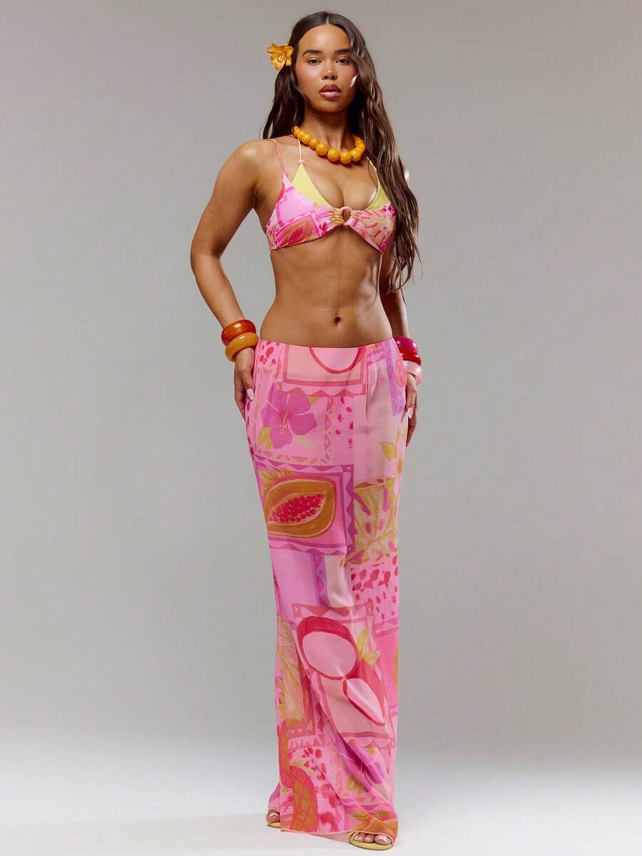 Musera Resort Casa Calypso 修身雪纺飘逸下摆水果花卉印花长裙，适合游泳、度假、夏季旅行、沙滩穿着 - 彩色 - 查看 1