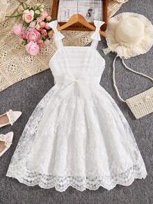 ChillGRL 1pc Tween Girls' Sweet Vacation White Embroidered Mesh Design A-Line Dress, Suitable For Daily, Vacation, Sisterly Gatherings, Spring/Summer - White - View 5