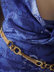 EgrlEra Women's Halter Metal Chain Mesh Overlay Dress Blue Short Dress Sexy Blue Dress Women Blue Beach Dress Halter Cowl Neck Dress Patterned Blue Dress - Blue - View 6