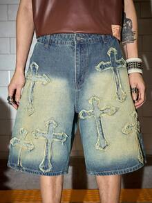 ROMWE MEN Street Life Men's Fashion Cross Pattern Belted Distressed Denim Shorts - Blue - View 4