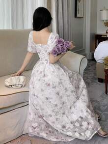 DAZY Đầm dài ngang gối kiểu Pháp in họa tiết hoa tulip dành cho nữ, đầm hè, đầm hoa cho nữ. - Nhiều màu - Xem 2