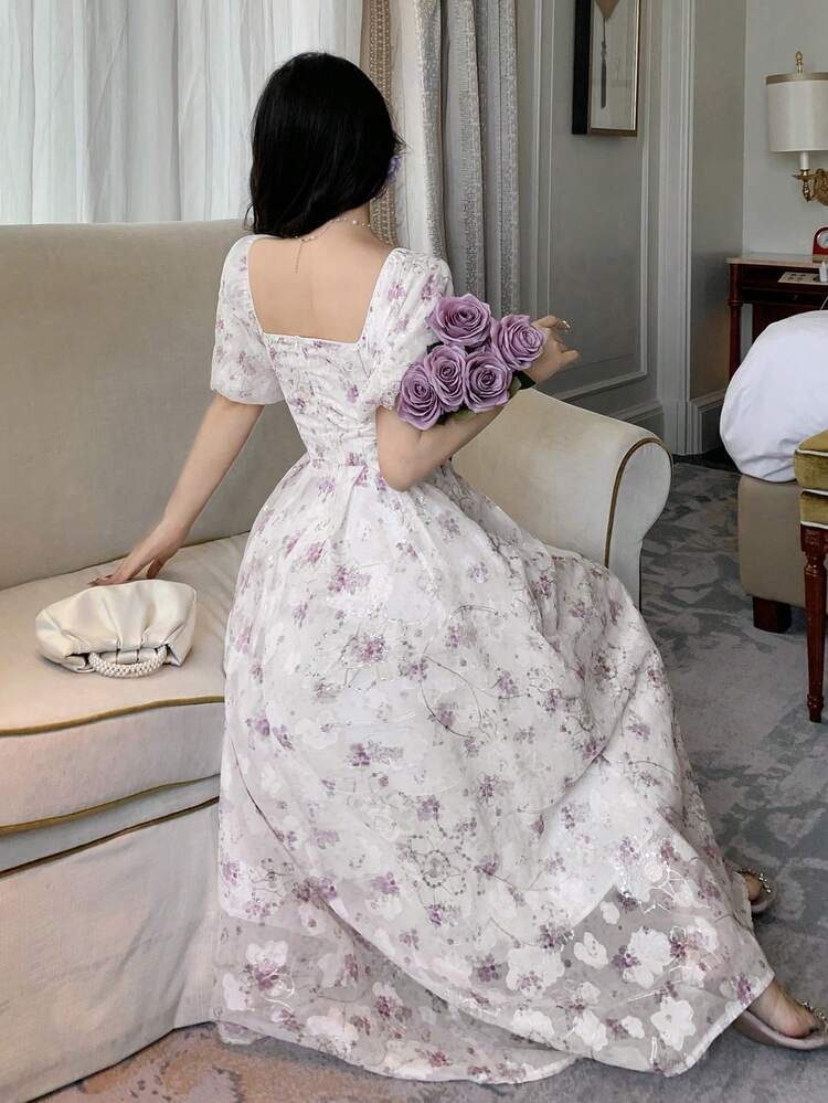 Tulip Print French Style Mid-Length Dress For Women Sundress Floral Dresses For Women
