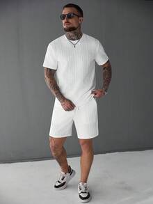 SLATEMANN 男士T恤套装，针织提花面料，时尚百搭，适合日常穿着，展现男士绅士风范，休闲日常穿着，周末旅行，户外活动，探险旅行，轻松的工作环境或半正式场合，送给男友/丈夫的礼物，周年纪念/生日礼物，派对，夏季假期，婚礼，春夏交替，狂欢节，男士白色格纹两件套休闲套装，短袖圆领上衣和短裤套装，夏季舒适，男士两件套白色套装，男士夏季两件套，男士套装，男士休闲两件套，男士针织套装 - 白色 - 查看 4