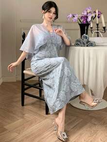 DAZY Đầm dài kiểu Trung Quốc tối giản, thắt eo, nhẹ nhàng dành cho nữ, mùa hè, đầm dự tiệc cưới, đầm hè. - Xám Xanh - Xem 6