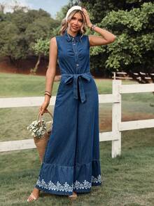 SHEIN Holidaya Sleeveless Wide Leg Denim Jumpsuit, Casual Vacation Spring Summer  Vacation - Blue - View 3
