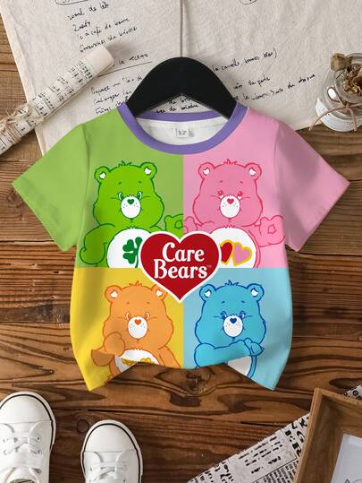 SHEIN X Care Bears Young Girl Summer Casual Colorblock Patchwork Bear Print T-Shirt