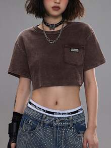 Coolane Summer Outfits For Women Streetwear Casual Vintage Going Out Y2K Festival Dirty Round Neck Short T-Shirt, Brown Crop Top, Cropped Tees, Cotton Tops,Casual Outfit For Women, Shirts For Woman Crop,Summer Top - Brown - View 3