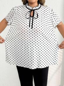 SHEIN CURVE+ Áo sơ mi tay ngắn chấm bi cỡ lớn, thời trang mùa hè, trang phục công sở thường ngày cho nữ/2026/năm mới - Đen và trắng - Xem 5