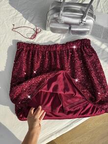 SHEIN EZwear Minissaia plus size com detalhes em lantejoulas, estilo bodycon, ideal para festas e Dia dos Namorados, primavera/verão. - Vermelho - Ver 6
