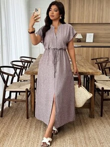 Weeklong Vestido holgado con cintura ceñida y abertura, para mujer talla grande, para vacaciones, primavera/verano - Marrón - Ver 1