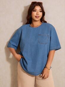 Elaquor Camicia di jeans a maniche corte con scollo tondo e tasche, taglie comode per donna - Blu lavato medio - Visualizzare 1