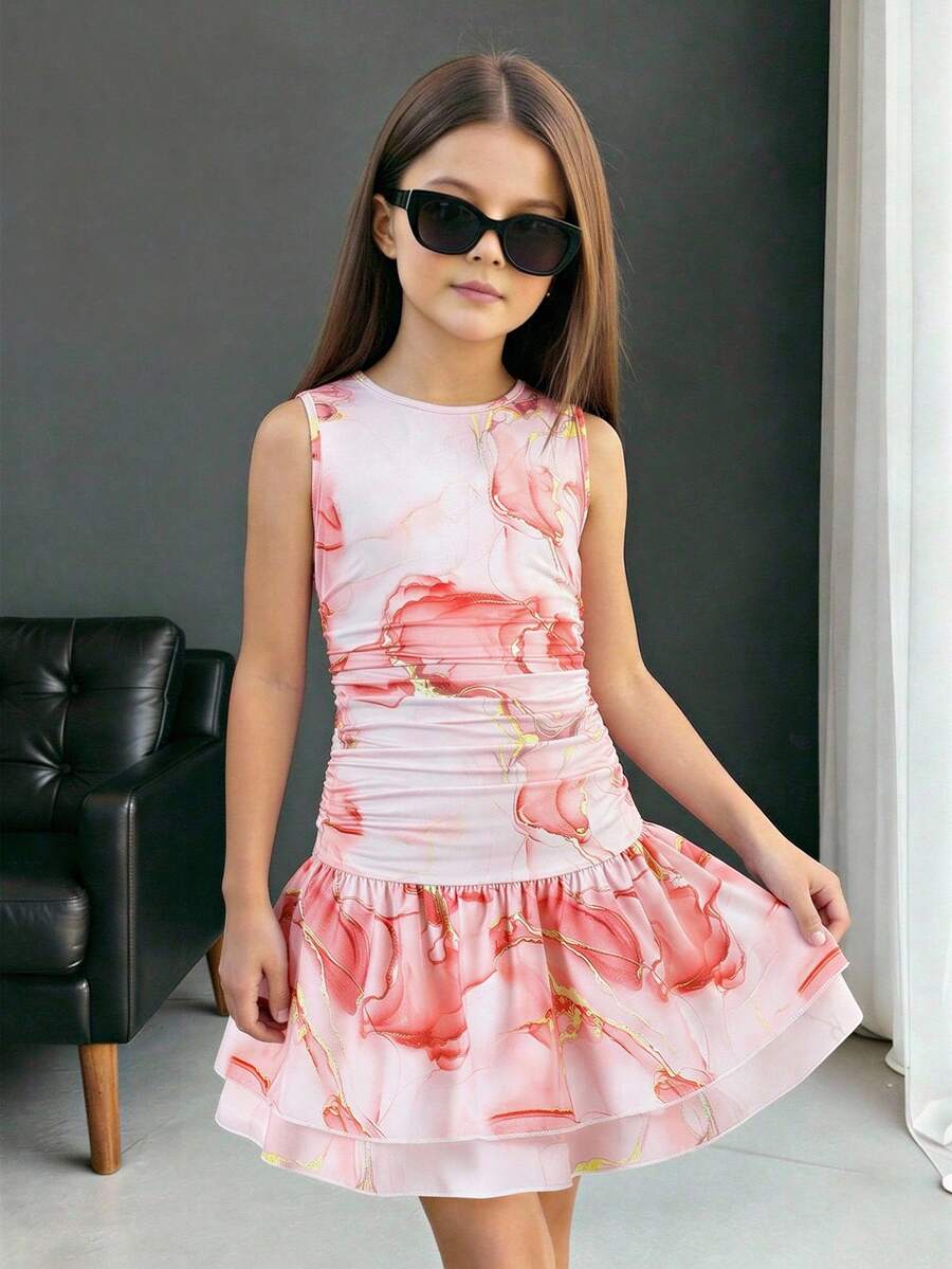 少女春夏度假海滩优雅波浪印花圆领无袖修身低腰双层荷叶边针织连衣裙 - 粉色 - 查看 1