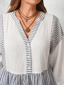 EMERY ROSE Blusa de mujer talla grande con rayas y patchwork, manga 3/4, blanca estilo boho para otoño y vacaciones, túnica casual, blusa elegante de negocios con volantes para verano - Multicolor - Ver 3