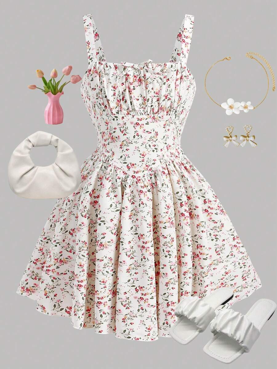 SHEIN Girlism 少女粉色碎花连衣裙，全身印花，胸部褶皱吊带设计，休闲度假甜美风 - 白色 - 查看 1