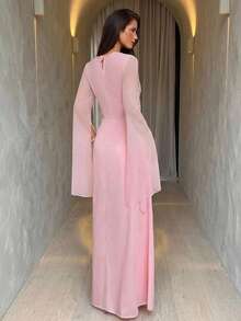 Aloruh 情人节粉色浪漫长袖网纱针织缎面拼接连衣裙 - 粉色 - 查看 3