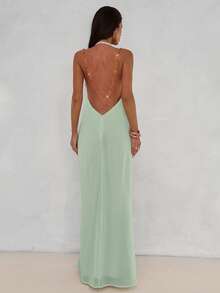 Aloruh 女士性感优雅深V领露背串珠链条装饰修身超长连衣裙，浅黄色 - 綠色 - 查看 7