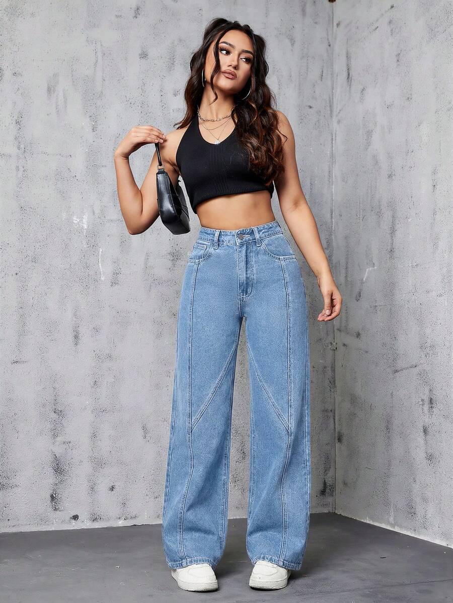 SHEIN EZwear 休闲水洗高腰直筒牛仔裤 - 淺色水洗藍 - 查看 1