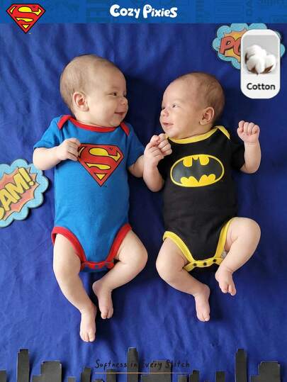 SUPERMAN X Cozy Pixies 2pcs Newborn Baby Girl Colorblock Knit Soft Round Neck Short Sleeve Romper Set