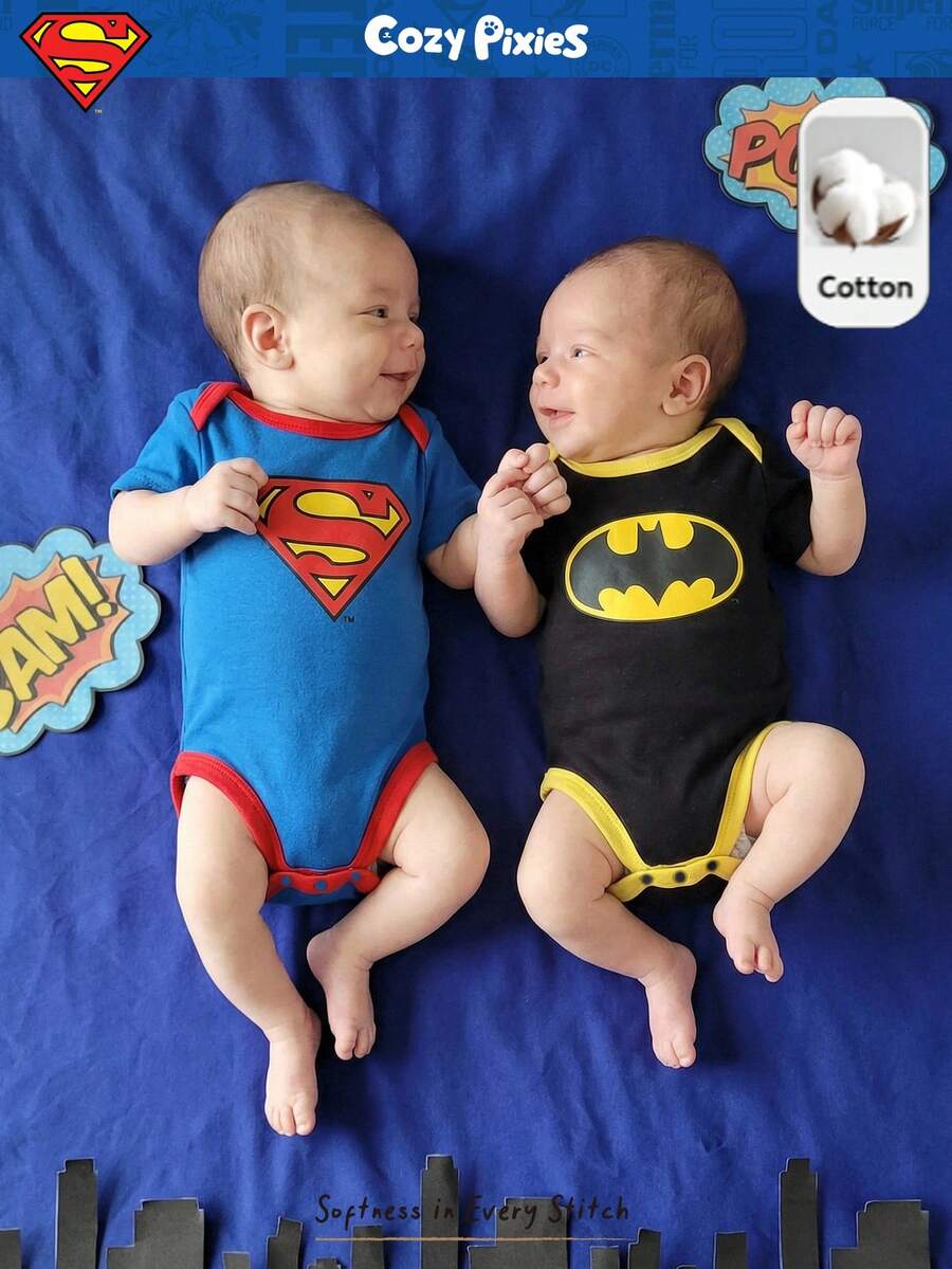SUPERMAN X Cozy Pixies 2pcs Set Romper Bayi Perempuan Baru Lahir Motif Blok Warna Rajut Lembut Leher Bulat Lengan Pendek, Anak-anak - MultiWarna - View 1