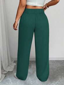 SHEIN PETITE CURVE Celana Panjang Wanita Ukuran Besar Warna Polos dengan Kancing Pinggang, Saku, dan Potongan Lebar - Dark Green - View 3